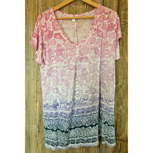 J Jill Love Linen V Neck Shirt Size L Ombre Paisley Asymmetric Slit Boho Beach